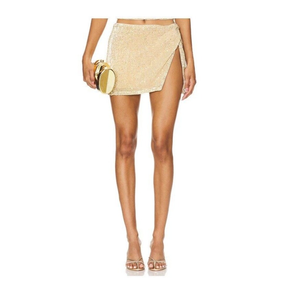 Lovers and Friends Selma Mini Skirt  XS Gold Sequin Wrap Party Glam Disco NWOT